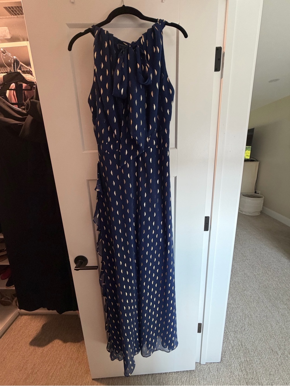 Betsy & Adam Navy Maxi Dress with gold Teardrop Print and Tie Neck